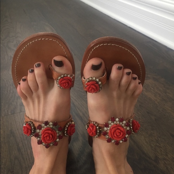 Mauro Volponi Italian sandals w red rose appliqué - Picture 1 of 5